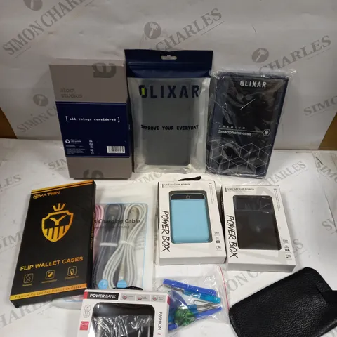 BOX OF APPROXIMATELY 10 ASSORTED PHONE AND TABLET ACCESSORIES TO INCLUDE FLIP WALLET CASE, POWERBANK, CHARGING CABLE ETC