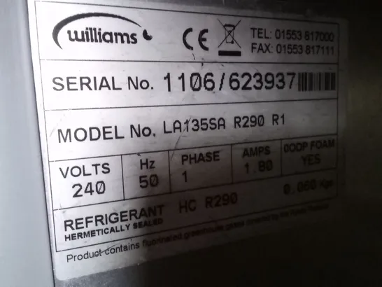 WILLIAMS LA135SA R290 R1 AMBER COMMERCIAL UNDER COUNTER FREEZER