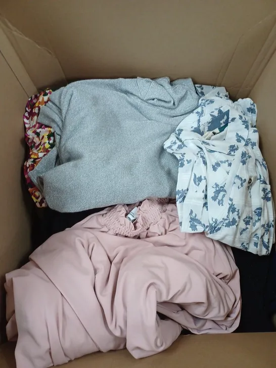 LARGE BOX OF ASSORTED CLOTHING ITEMS TOO INCLUDE TOPS , TROUSERS AND JUMPERS COMING IN DIFFERENT COLOURS AND SIZES 