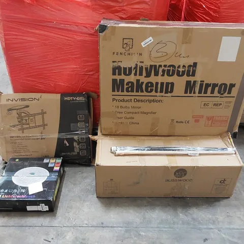 PALLET OF ASSORTED ITEMS INCLUDING: BLISSWOD DRESSING TABLE, HOLLYWOOD MAKEUP MIRROR, TV ARM MOUNT, LED STRIP LIGHTS, POOL CUE
