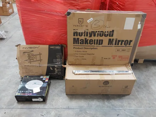 PALLET OF ASSORTED ITEMS INCLUDING: BLISSWOD DRESSING TABLE, HOLLYWOOD MAKEUP MIRROR, TV ARM MOUNT, LED STRIP LIGHTS, POOL CUE