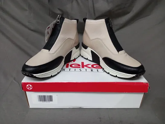 BOXED PAIR OF RIEKER HI-TOP TRAINERS IN BEIGE SIZE 6