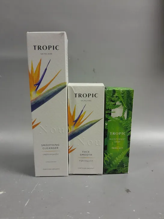 BOXED SET OF 3 TROPIC SKINCARE TO INCLUDE SMOOTHING CLEANSER (120ML), FACE SMOOTH BRIGHTENING POLISH (80ML) AND RAINFOREST DEW HYDRATION SERUM (30ML)