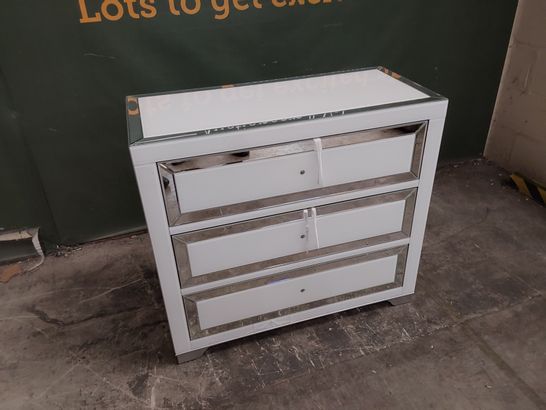 DESIGNER CHELSEA WHITE GLASS AND MIRRORED CHEST OF 3 DRAWERS 