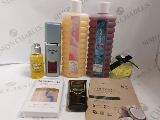 BOX OF APPROX 15 COSMETIC ITEMS TO INCLUDE AVONSENSE BUBBLE BATH, AJ AROMAS REED DIFFUSER, BEAUTY PRO COCONUT SHEET MASK