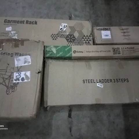 PALLET OF ASSORTED ITEMS INCLUDING HOMIDEC DRYING RACK, STEEL LADDER 3 STEPS, FOLDING WAGON, 2.7M PARASOL, GARMENT RACK 