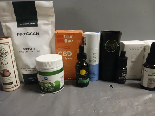 LOT OF APPROXIMATELY 20 ASSORTED CBD ITEMS TO INCLUDE OILS, DROPS, GUMMIES AND BALMS