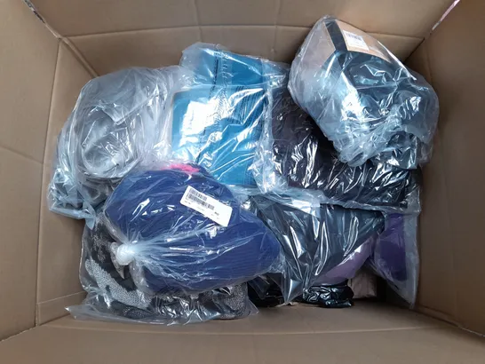 LARGE BOX OF ASSORTED CLOTHING ITEMS IN VARIOUS SIZES AND COLORS