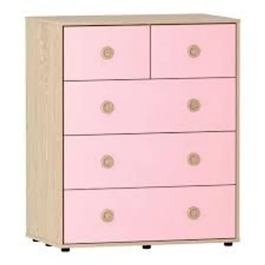 BOXED NEPTUNE 5 DRAWER CHEST PINK & OAK COLOUR 