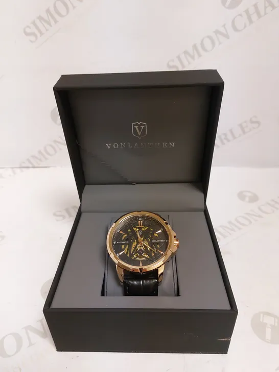 MENS VONLANTHEN AUTOMATIC SKELETON WATCH – V110 - GLASS EXHIBITION BACKCASE – BLACK LEATHER STRAP