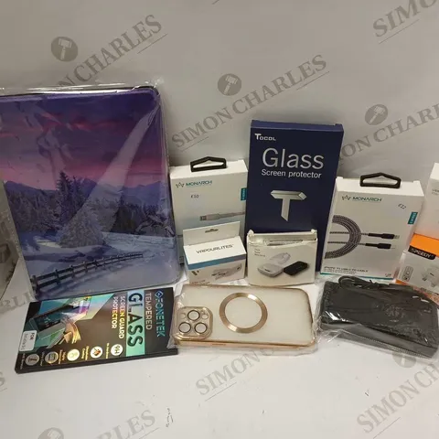 LOT OF APPROXIMATELY 20 PHONE ACCESSORIES AND ELECTRICALS TO INCLUDE TEMPERED GLASS SCREEN PROTECTORS, USB-C 20W POWER ADAPTER, PHONE CASES, ETC