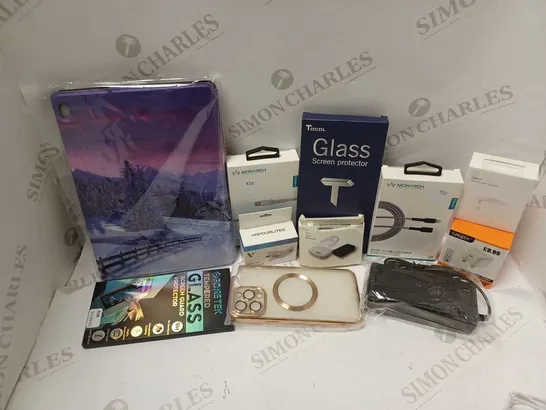 LOT OF APPROXIMATELY 20 PHONE ACCESSORIES AND ELECTRICALS TO INCLUDE TEMPERED GLASS SCREEN PROTECTORS, USB-C 20W POWER ADAPTER, PHONE CASES, ETC