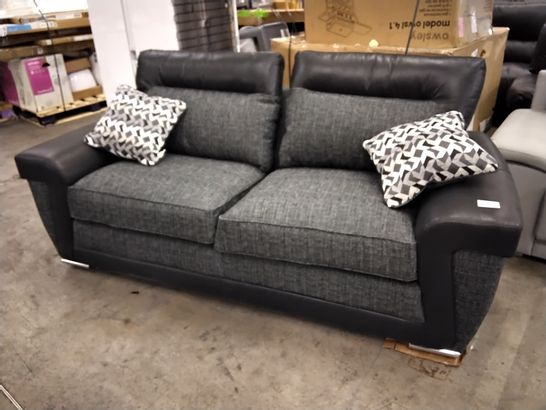 DESIGNER BLACK FAUX LEATHER & GREY FABRIC FIXED THREE SEATER SOFA 