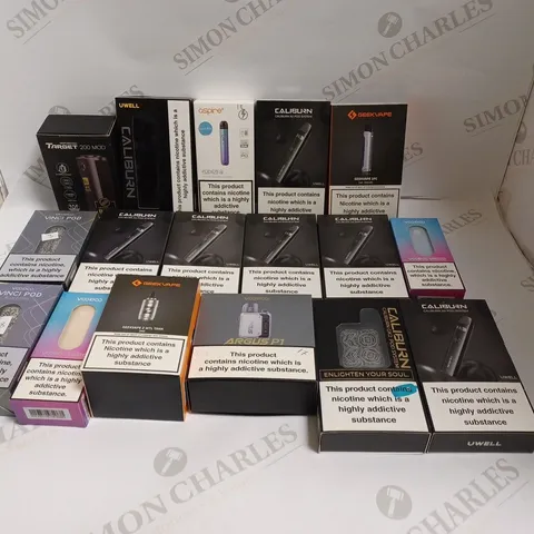 BOX OF APPROXIMATELY 30 E-CIGARETTE PRODUCTS TO INCLUDE GEEKVAPE 1FC, VOOPOO VINCI, ARGUS P1 ETC