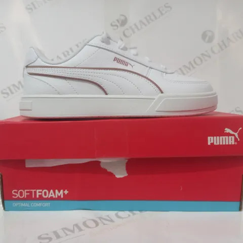 BOXED PAIR OF PUMA CAVEN OUTLINE PS SHOES IN WHITE/ROSE GOLD UK SIZE 2.5