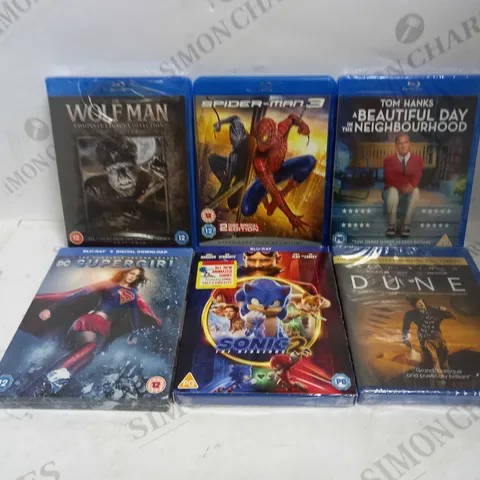 LOT OF APPROXIMATELY 24 BLU-RAYS, TO INCLUDE SUPERGIRL, SONIC THE HEDGEHOG, SPIDER-MAN, ETC