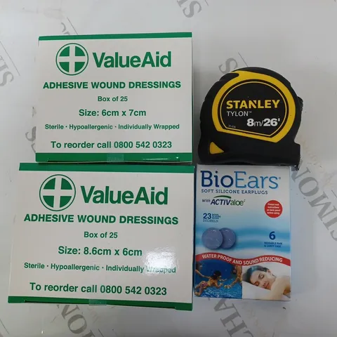 BOX OF APPROXIMATELY 20 ASSORTED HOUSEHOLD ITEMS TO INCLUDE VALUEAID ADHESIVE WOUND DRESSINGS, STANLEY TYLON 8M TAPE MEASURE, BIOEARS SOFT SILICONE EARPLUGS