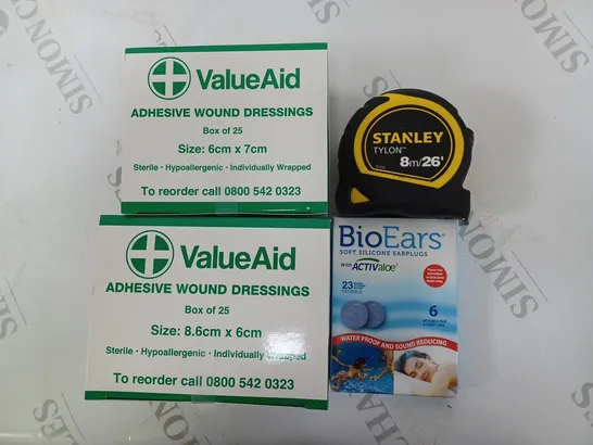 BOX OF APPROXIMATELY 20 ASSORTED HOUSEHOLD ITEMS TO INCLUDE VALUEAID ADHESIVE WOUND DRESSINGS, STANLEY TYLON 8M TAPE MEASURE, BIOEARS SOFT SILICONE EARPLUGS