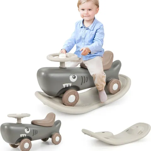 BOXED COSTWAY 3 IN 1 RIDE ON PUSH CAR, CONVERTIBLE ROCKING HORSE WITH DETACHABLE BALANCE BOARD, ANTI-SLIP EVA STRIPS, TODDLER ROCKER SLIDING TOY FOR BOYS GIRLS (GRAY)