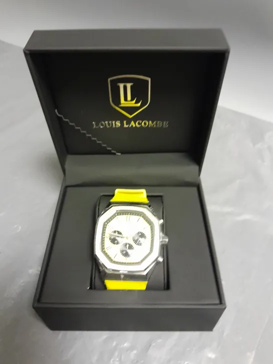 MENS LOUIS LACOMBE CHRONGRAPH WATCH WITH 3 SUB DIALS, GOLD COLOUR CASE AND GREEN RUBBER STRAP