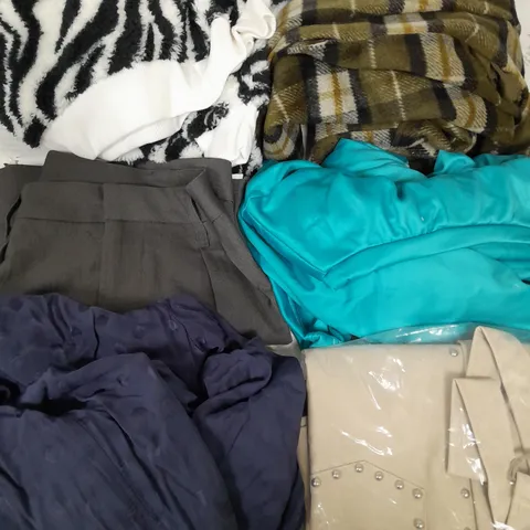 BOX OF APPROXIMATELY 15 ASSORTED CLOTHING ITEMS TO INCLUDE CHECKED COAT, ZEBRA PRINT JUMPER, SKIRT ETC