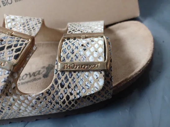 BOXED PAIR OF BONOVA SANDALS SNAKE SKIN PRINT DESIGN SIZE 6 UK