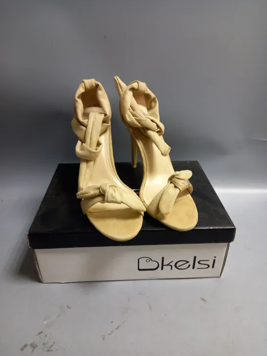 BOXED KELSI LADIES BEIGE SATIN HIGH HEELED SANDALS WITH TIE DETAIL SIZE EU 36