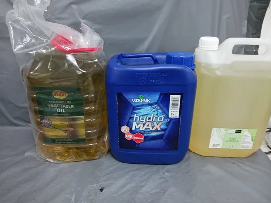 3 ASSORTED LIQUIDS TO INCLUDE VEGETABLE OIL, HYDRO MAX, AND SWEET ALMOND OIL - COLLECTION ONLY