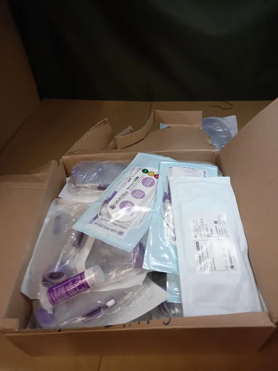 BOX OF ASSORTED MEDICAL ITEMS TO INCLUDE GRAVITY PACKS, FEEDING TUBES