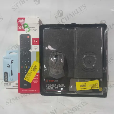 BOX OF APPROXIMATELY 15 ASSORTED ELECTRICAL ITEMS TO INCLUDE BLACKWEB WIRELESS MOUSE & PHONE CHARGING MOUSE MAT, ONE FOR ALL UNIVERSAL REMOTE, ASDA TECH WIRELESS EARBUDS, ETC