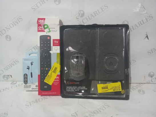 BOX OF APPROXIMATELY 15 ASSORTED ELECTRICAL ITEMS TO INCLUDE BLACKWEB WIRELESS MOUSE & PHONE CHARGING MOUSE MAT, ONE FOR ALL UNIVERSAL REMOTE, ASDA TECH WIRELESS EARBUDS, ETC