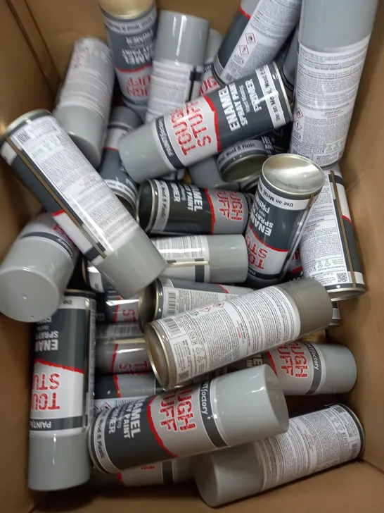 BOX OF APPROXIMATELY 30 PAINT FACTORY ENAMEL SPRAY PAINT  