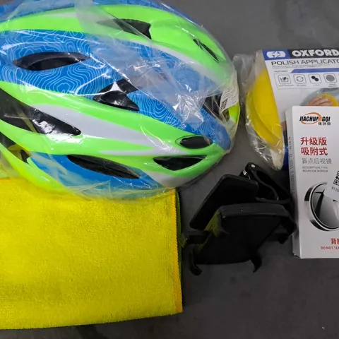 LARGE BOX OF CAR ITEMS TO INCLUDE MICRO FIBER CLOTHS - BIKE HELMETS - BIKE EXHAUST / COLLECTION ONLY  