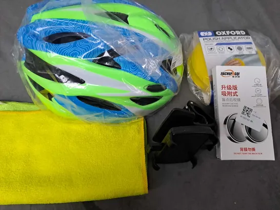 LARGE BOX OF CAR ITEMS TO INCLUDE MICRO FIBER CLOTHS - BIKE HELMETS - BIKE EXHAUST / COLLECTION ONLY  