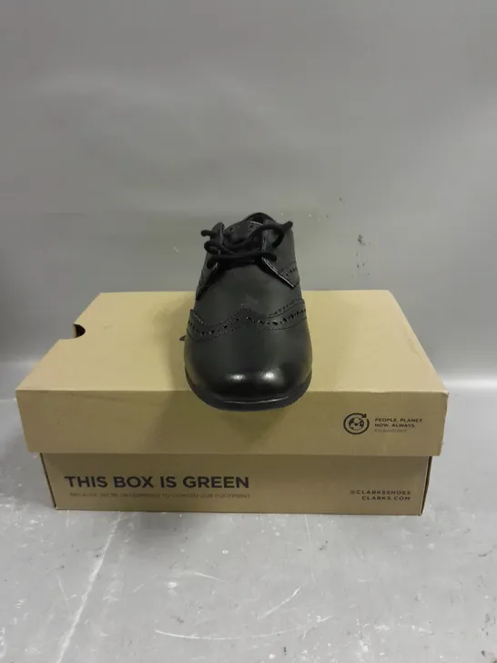 BOXED PAIR OF CLARKS SCALA LACE BLACK LEATHER SHOES - 4.5