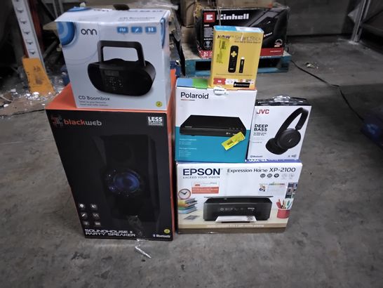 PALLET OF A SIGNIFICANT QUANTITY OF ASSORTED ELECTRONIC ITEMS TO INCLUDE BLACKWEB SOUNDHOUSE II SPEAKER, EPSON XP-2100 PRINTER, JVC WIRELESS HEADPHONES, NOW TV SMART STICK, POLAROID DVD PLAYER, ETC