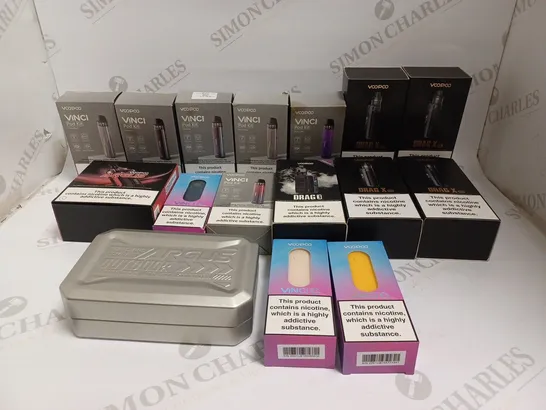 BOX OF APPROXIMATELY 25 E-CIGARETTE PRODUCTS TO INCLUDE VOOPOO VINCI POD KIT, DRAG X PRO, VINCI Q ETC