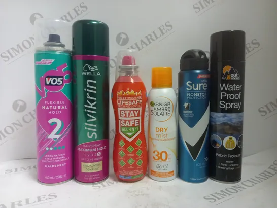 BOX OF APPROX 15 ASSORTED AEROSOLS TO INCLUDE SURE MEN DEODORANT, WELLA HAIRSPRAY, OUT&ABOUT WATERPROOF SPRAY, ETC 