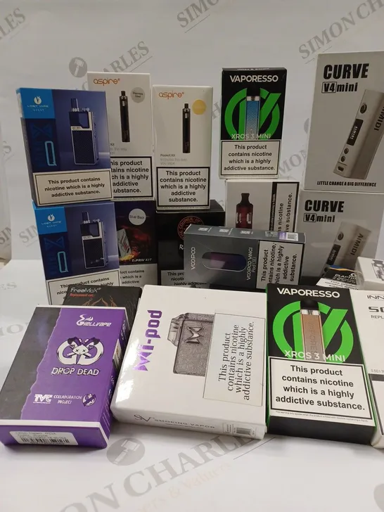 APPROXIMATELY 20 ASSORTED VAPING PRODUCTS AND ACCESSORIES TO INCLUDE LOST VAPE QUEST KIT, ASPIRE POCKEX KIT, VAPORESSO XROS 3 MINI, AIMIDI CURVE V4 MINI, ETC.