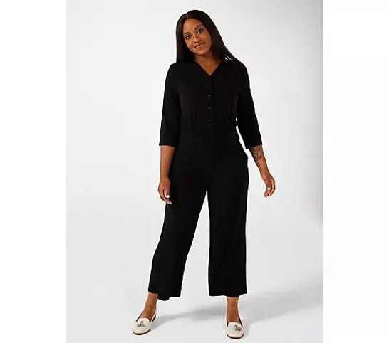 KIM & CO BRAZIL JERSEY BUTTON FRONT JUMPSUIT- BLACK XL