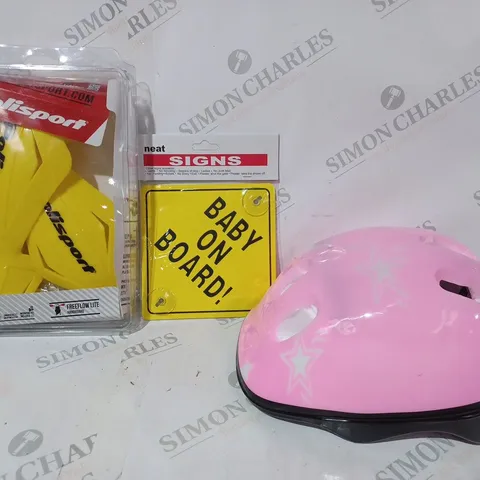 BOX OF APPROXIMATELY 15 ASSORTED VEHICLE PARTS AND ACCESSORIES TO INCLUDE BABY ON BOARD SIGN, KIDS HELMET IN PINK (VISIBLY DAMAGED), POLISPORT FREEFLOW LITE HANDGUARD, ETC - COLLECTION ONLY
