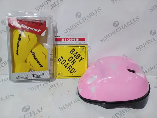 BOX OF APPROXIMATELY 15 ASSORTED VEHICLE PARTS AND ACCESSORIES TO INCLUDE BABY ON BOARD SIGN, KIDS HELMET IN PINK (VISIBLY DAMAGED), POLISPORT FREEFLOW LITE HANDGUARD, ETC - COLLECTION ONLY