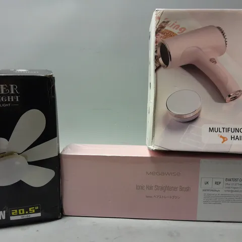 APPROXIMATELY 15 ASSORTED ELECTRICALS TO INCLUDE BOXED HAIR DRYER, BOXED STRAIGHTENER BRUSH, FLOWER FAN LIGHT, ETC