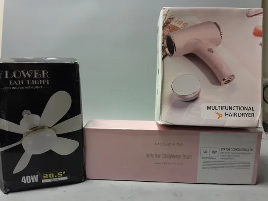 APPROXIMATELY 15 ASSORTED ELECTRICALS TO INCLUDE BOXED HAIR DRYER, BOXED STRAIGHTENER BRUSH, FLOWER FAN LIGHT, ETC