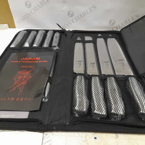 SAMURAI JAPAN TRIPLE HARDENED STEEL KNIFE SET TO INCLUDE; 2 CARVING KNIVES, CHEF'S KNIFE, BREAD KNIFE, BONING KNIFE, PARING KNIFE, MEAT FORK, CLEAVER AND KNIFE SHARPENER