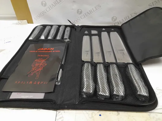 SAMURAI JAPAN TRIPLE HARDENED STEEL KNIFE SET TO INCLUDE; 2 CARVING KNIVES, CHEF'S KNIFE, BREAD KNIFE, BONING KNIFE, PARING KNIFE, MEAT FORK, CLEAVER AND KNIFE SHARPENER