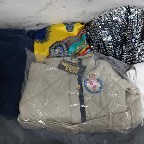 BOX OF APPROXIMATELY 15 CLOTHING ITEMS TO INCLUDE CARGO PANTS, SEQUIN DRESS, WHITE T-SHIRT ETC