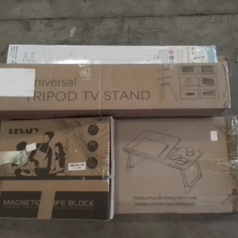 PALLET OF ASSORTED  ITEMS TO INCLUDE TRIPOD TV STAND, RETRACTABLE SAFETY GATE, LAP DESK, MAGNETIC KNIFE BLOCK