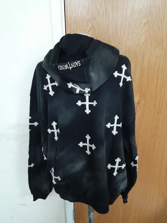 SAINT MIND FULL ZIP EMBRIODERED HOODIE IN BLACK AND WHITE CROSS DESIGN SIZE M