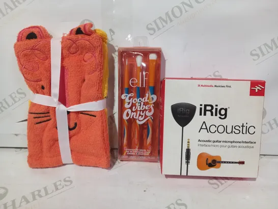 LOT OF APPROXIMATELY 10 ASSORTED HOUSEHOLD ITEMS TO INCLUDE IRIG ACOUSTIC GUITAR MICROPHONE/INTERFACE, ELF GOOD VIBES ONLY EYESHADOW BRUSH SET, WASH MITTS, ETC